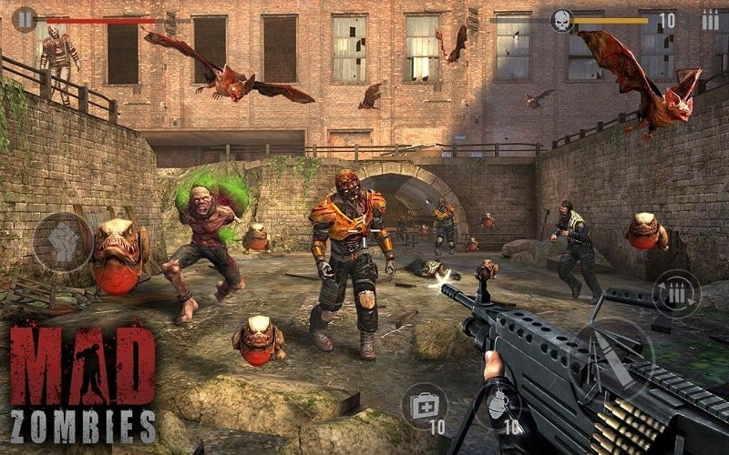 alt text: Nhân vật trong game MAD ZOMBIES đang bắn zombie bằng súng