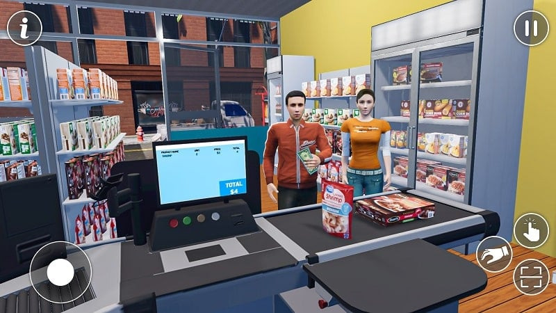 alt text: Nhân vật trong game Supermarket Cashier Games 3D đang quét mã sản phẩm