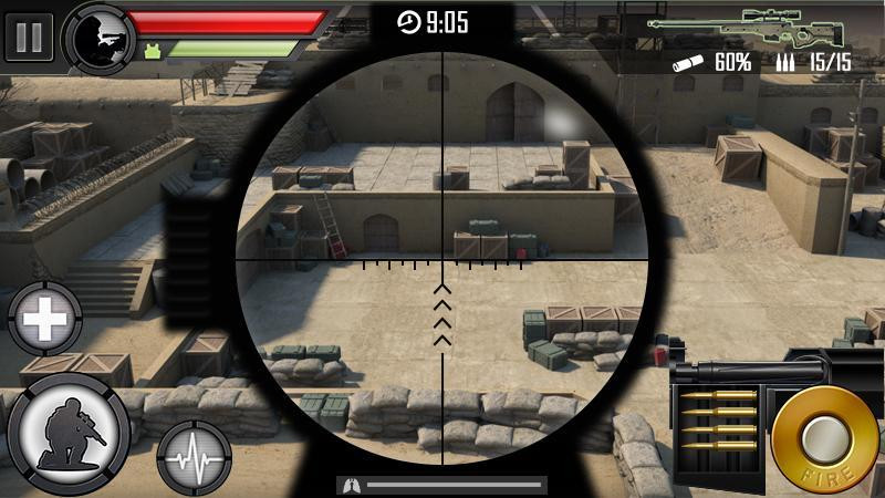 alt text: Nhân vật trong Modern Sniper MOD APK đang ẩn nấp và chuẩn bị bắn tỉa.