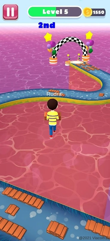 A character in Rudra Shortcut Race 3D collects bricks to build a path.