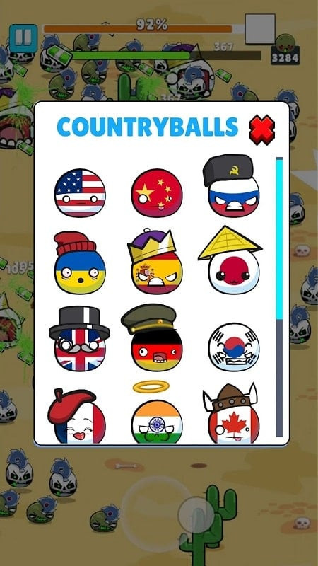 alt text: Quả bóng quốc kỳ đang né tránh zombie trong Country Balls