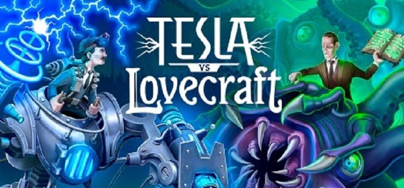 alt text: Tesla vs Lovecraft - Hình ảnh giao diện game với Nikola Tesla và cỗ máy chiến đấu