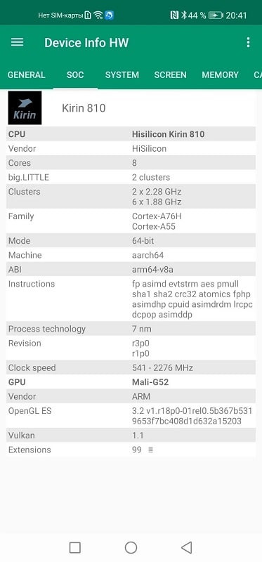 Device Info HW+ displaying Wi-Fi and Bluetooth connection information.