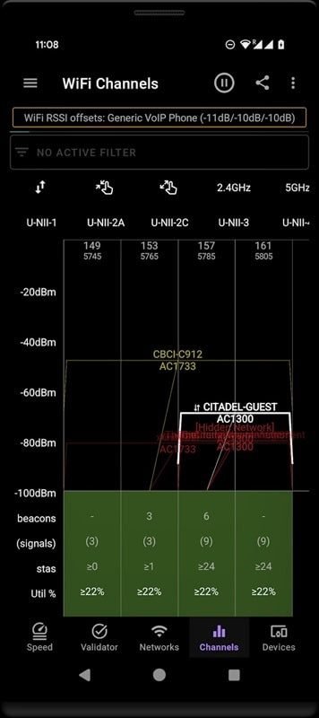 alt text: Ứng dụng Speed Test WiFi Analyzer MOD miễn phí hiển thị tính năng quét kết nối.