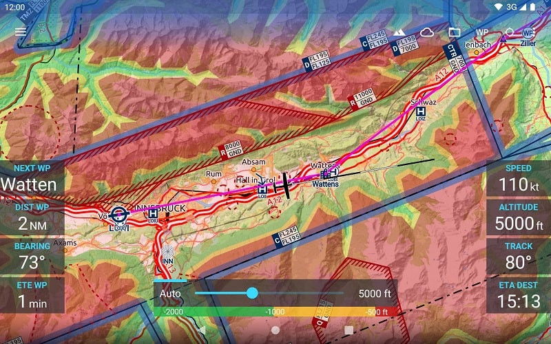 alt: Ứng dụng Avia Maps Aeronautical Charts hiển thị thông tin dự báo thời tiết.