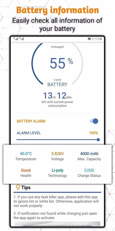 Alt: Ứng dụng Battery 100% Alarm hiển thị thông tin chi tiết về pin