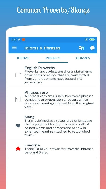 English Idioms & Phrases app on a phone, displaying the flashcard creation feature.