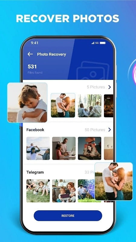 File Recovery & Photo Recovery app displaying a list of supported file formats