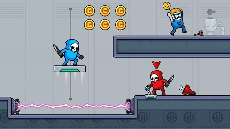 The red character overcoming an obstacle in We're Impostors MOD APK