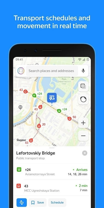 Yandex Maps displaying public transportation information