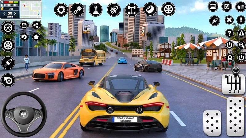 alt=Ảnh chụp màn hình game Car Driving School, hiển thị giao diện chính với một chiếc xe hơi sang trọng