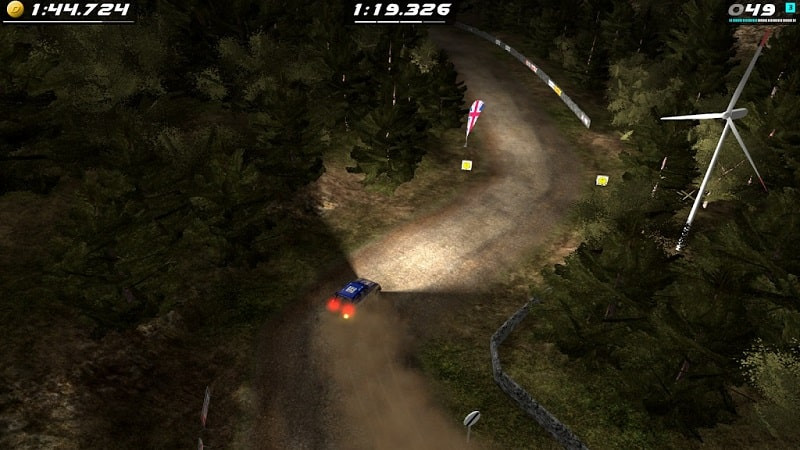 Rush Rally Origins MOD APK screenshot showcasing the game's signature top-down perspective.