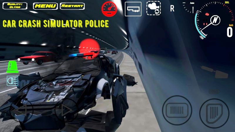 Car Crash Simulator Police MOD APK interface with a police car driving on the road