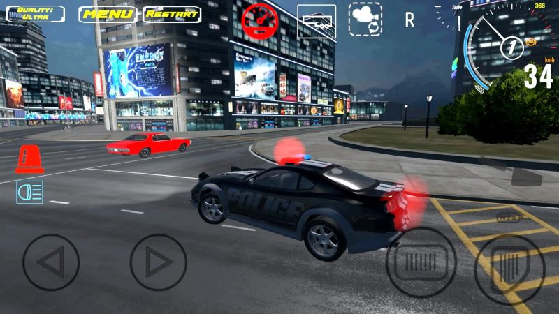 alt=Hình ảnh Car Crash Simulator Police apk với một chiếc xe cảnh sát đang di chuyển trong thành phố