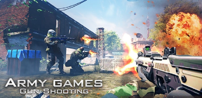 alt=Hình ảnh game Army games: Gun Shooting hiển thị giao diện chính với nhân vật cầm súng và kẻ địch phía trước.