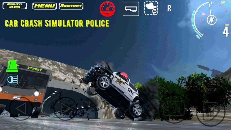 alt=Hình ảnh game Car Crash Simulator Police mod free hiển thị một vụ va chạm giữa xe cảnh sát và xe tải