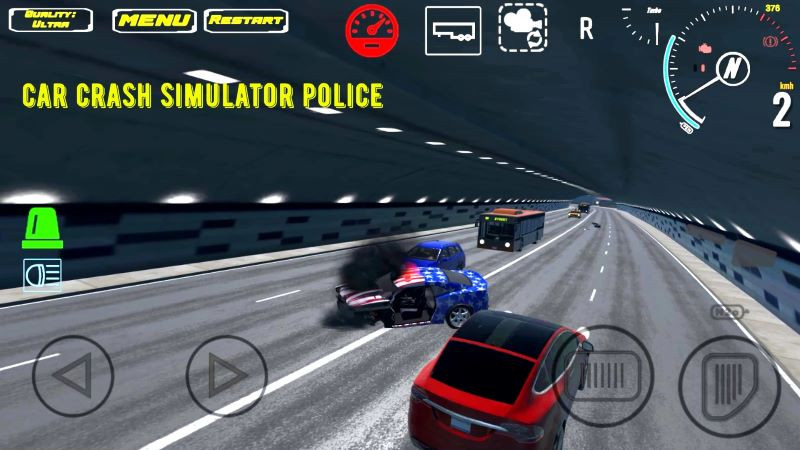 alt=Hình ảnh game Car Crash Simulator Police với một chiếc xe cảnh sát đang bốc cháy sau một vụ va chạm