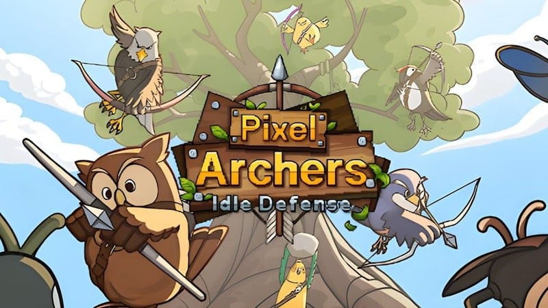 alt="Hình ảnh game Pixel Archer Defense, với đồ họa pixel, cho thấy một cây baobab lớn và những chú chim đang chiến đấu với côn trùng"