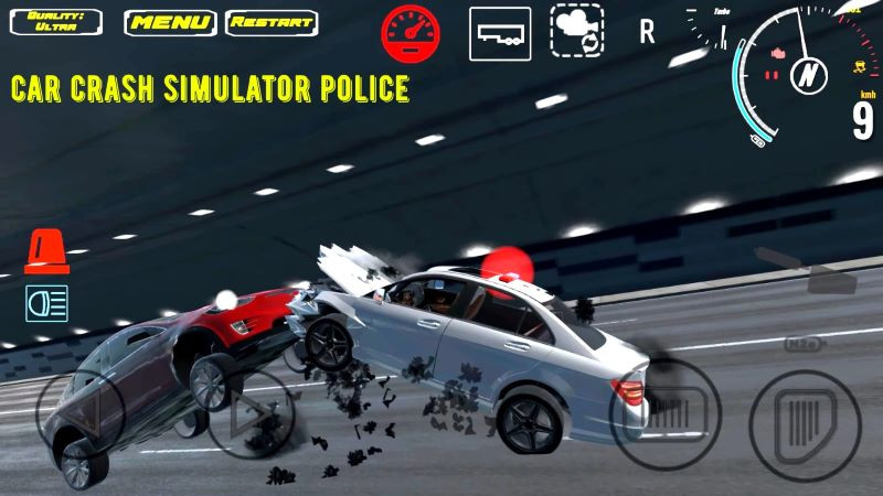 Gameplay of Car Crash Simulator Police MOD showing the controls and a drifting police car