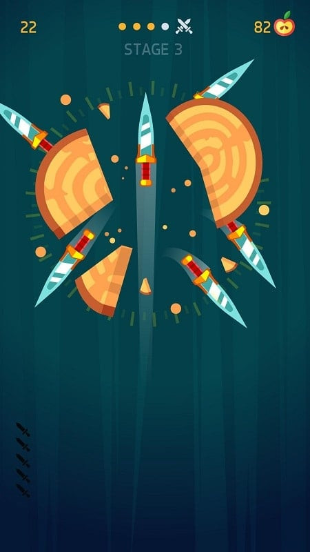 Knife Hit gameplay, showing a wooden target with multiple knives stuck in it and a knife in mid-flight