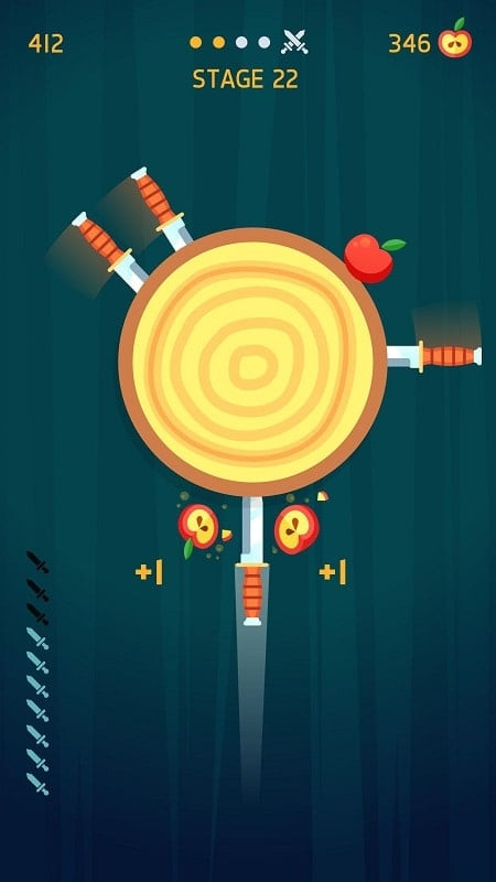 Knife Hit gameplay screenshot of the "Boss Stage" with a knife flying towards a square wooden target