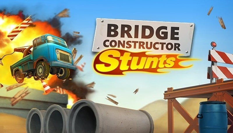 alt="Hình ảnh trò chơi Bridge Constructor Stunts, một chiếc xe đang thực hiện pha nguy hiểm trên cầu"