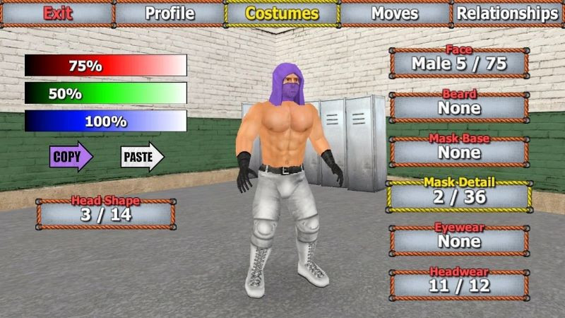 Character customization screen in Wrestling Empire