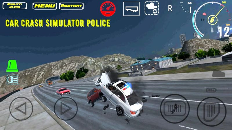 alt=Một chiếc xe cảnh sát bị hư hỏng nặng sau vụ va chạm trong Car Crash Simulator Police apk mod