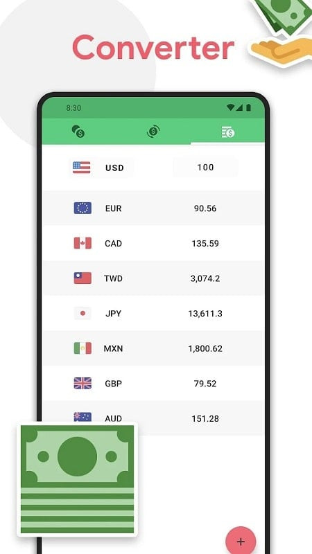 RateX app displaying a historical chart of exchange rate fluctuations.