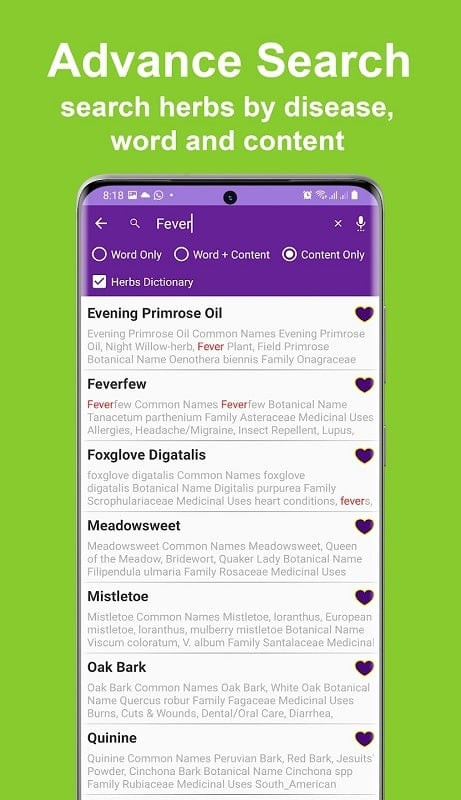 Herbs Dictionary Pro app interface on an Android phone