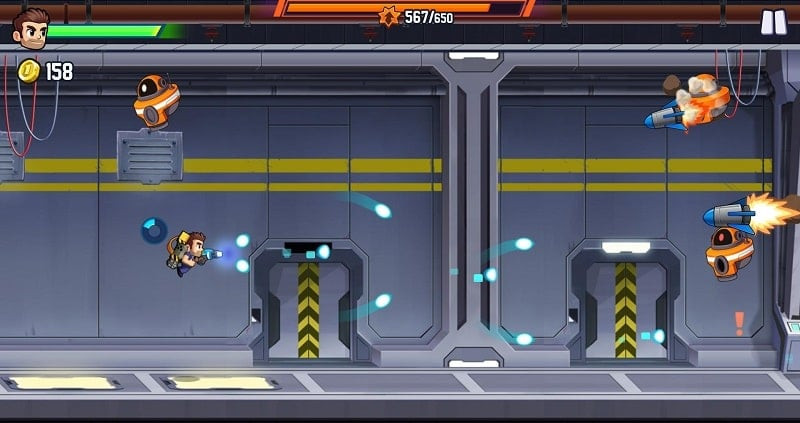 Barry Steakfries flying and shooting in Jetpack Joyride 2