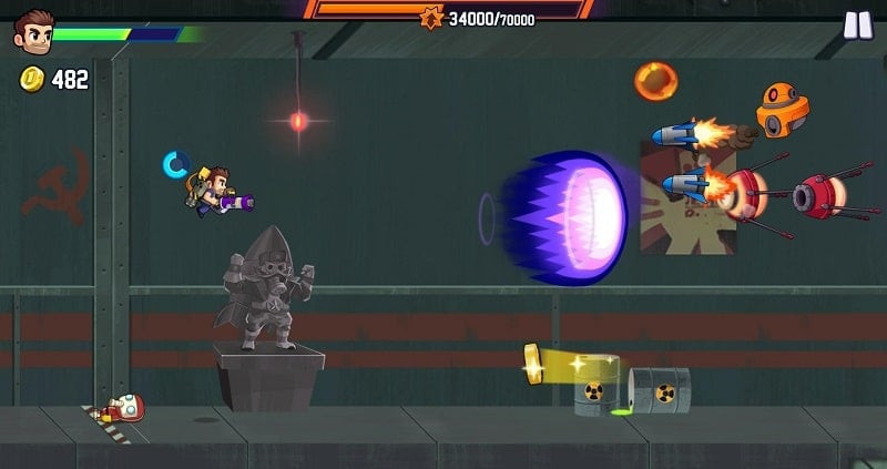 Barry Steakfries flying and collecting coins in Jetpack Joyride 2