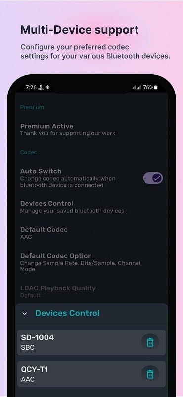 Audio settings in Bluetooth Codec Changer