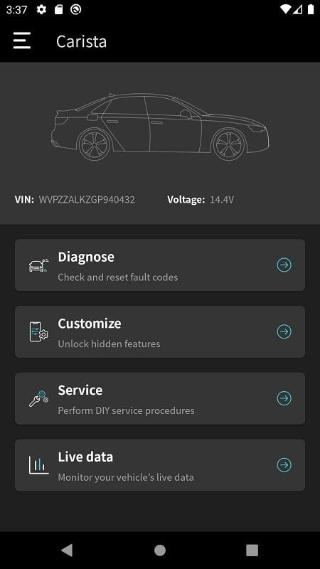 Carista OBD2 app displaying service options