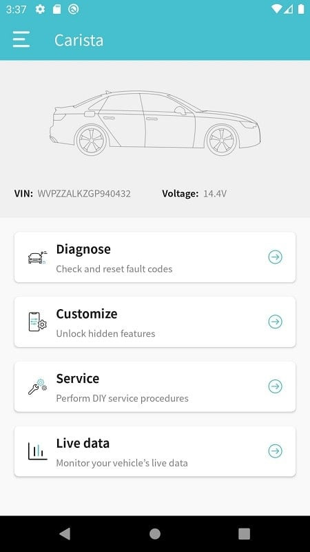 Carista OBD2 app showing diagnostics results