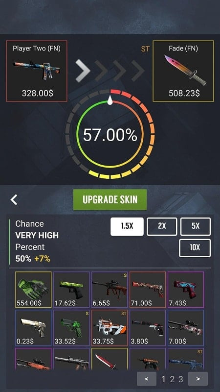 Case Simulator Ultimate MOD APK screenshot showing weapon inventory