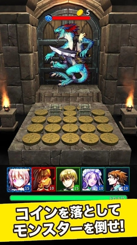 Heroes battling monsters in COIN DUNGEON JP MOD APK