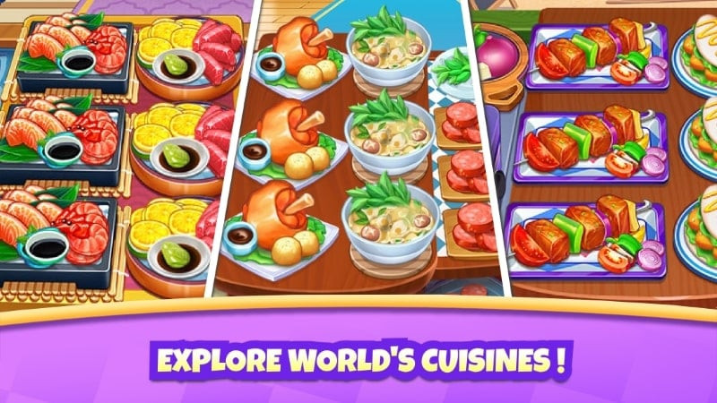 Cooking Journey APK MOD screenshot showing restaurant exteriors