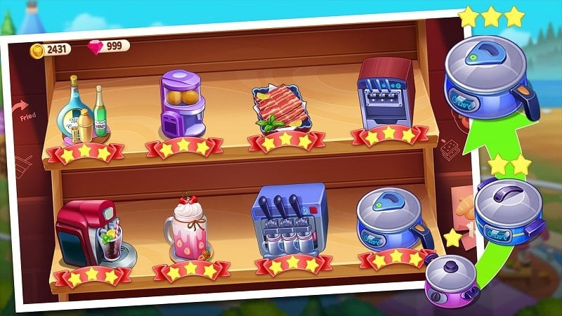 Cooking Land MOD APK screenshot showing upgraded equipment