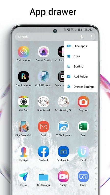 Cool S20 Launcher Galaxy OneUI MOD APK app drawer styles