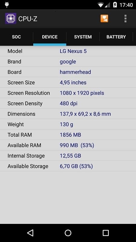 CPU-Z MOD APK displaying battery information