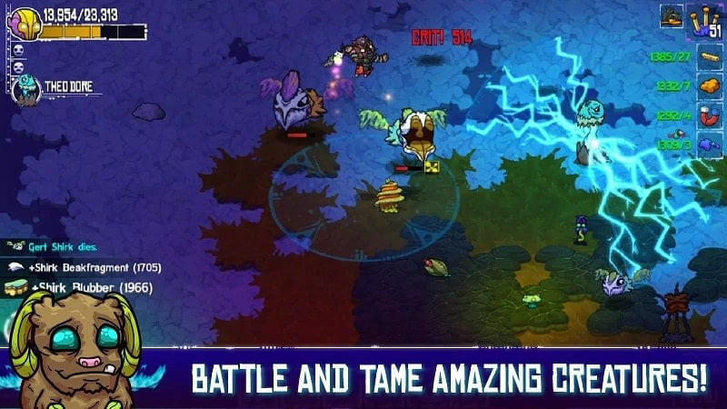 Crashlands gameplay screenshot showing combat with a monster