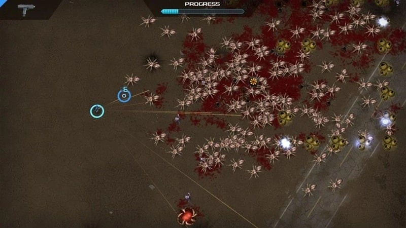 Crimsonland character surrounded by enemies