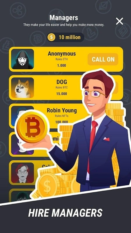 Crypto Miner Tycoon MOD APK screenshot showcasing different cryptocurrencies