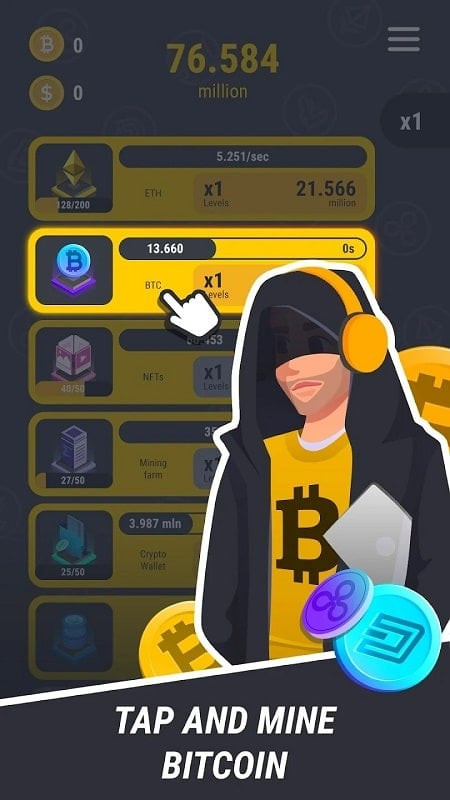 Crypto Miner Tycoon MOD APK screenshot showing free upgrades