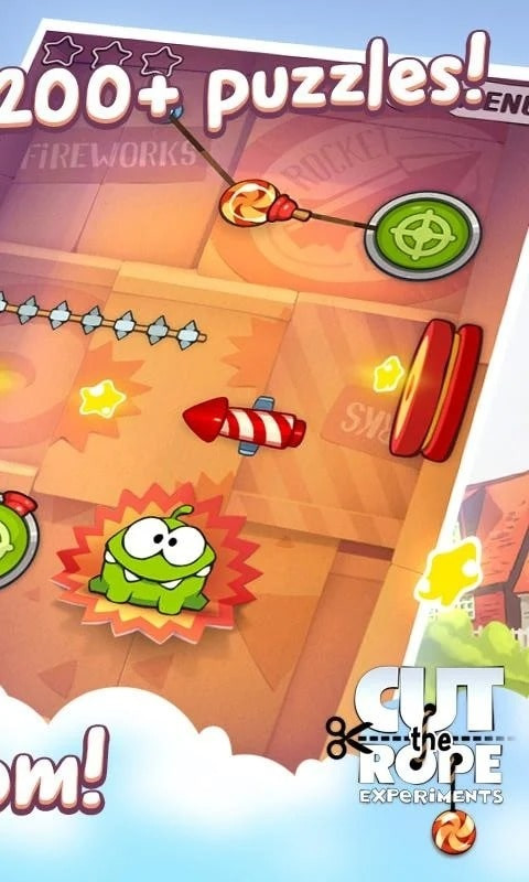 Gameplay screenshot of a challenging level in Cut the Rope: Experiments