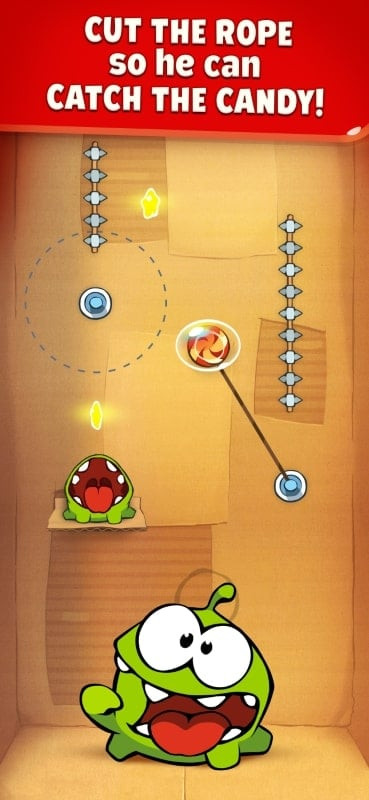 Overcome obstacles to feed Om Nom in Cut the Rope MOD