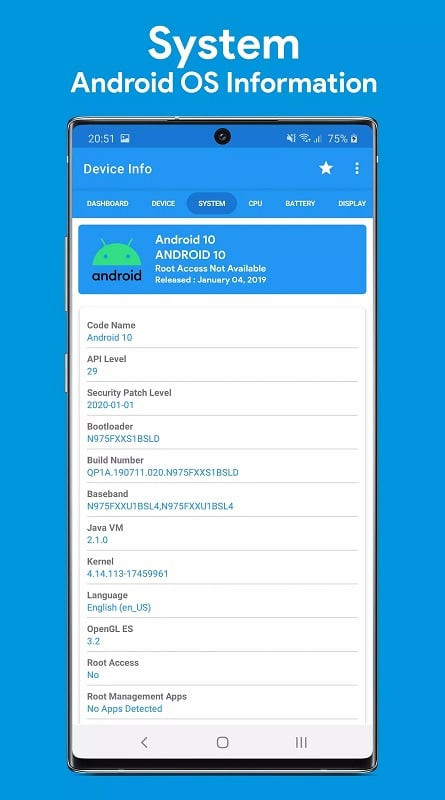 Device Info app displaying network and memory information