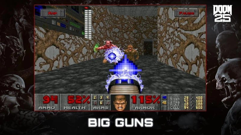 DOOM gameplay screenshot showing a variety of weapons