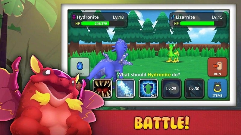 Dragon training scene in Drakomon, with the player interacting with a dragon to improve its combat skills.